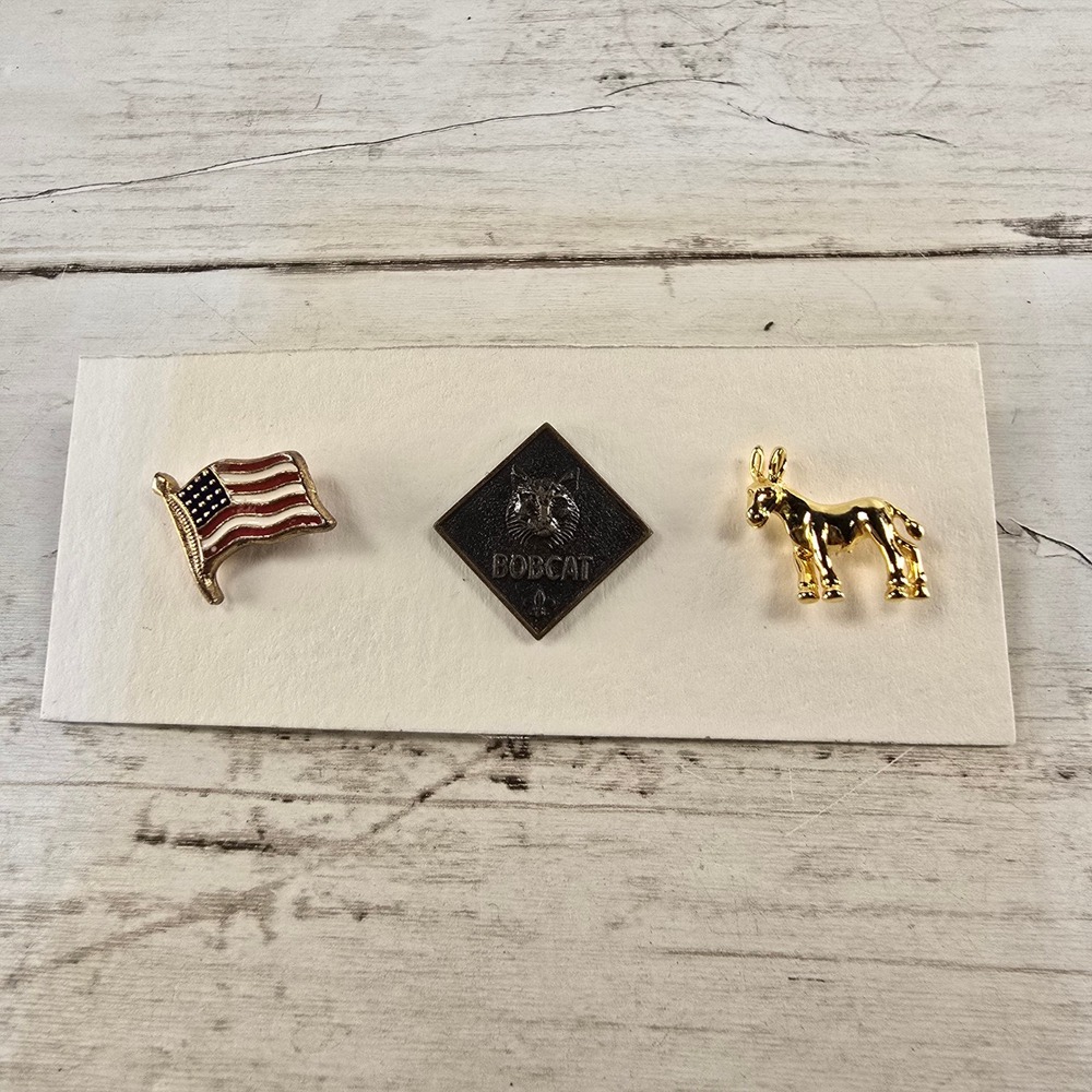 Vintage Lapel Pin Set American Flag Boy Scouts Bobcat Rank Gold Tone Donkey